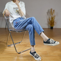 唐狮女裤夏季薄款破洞牛仔裤裤贴标设计感小众高腰直筒牛仔裤