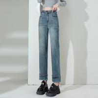 唐狮秋季新款牛仔裤女高腰显瘦直筒裤复古水洗个性毛边烟管裤W