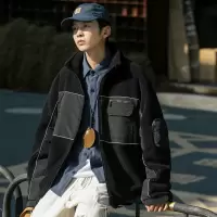 [1折价119.9元,叠加优惠券]唐狮秋冬新款仿羊羔绒外套男立领休闲宽松时尚高级黑色拼接夹克潮