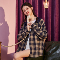 唐狮2021春秋新款格子外套女短款韩版宽松潮流港风日系古着连帽衫