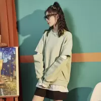 [1折价46.9元,叠加优惠券]唐狮秋季新款女士卫衣假两设计感小众圆领拼接无帽上衣外套