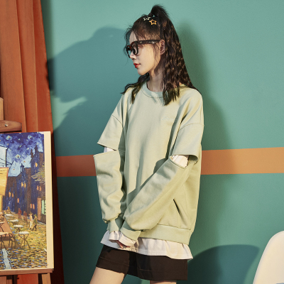 [1折价46.9元,叠加优惠券]唐狮秋季新款女士卫衣假两设计感小众圆领拼接无帽上衣外套