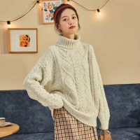 唐狮秋冬新款高领毛衣女日系复古宽松套头上衣麻花软糯系针织衫