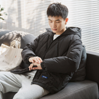 唐狮冬季棉衣男黑色时尚连帽棉袄保暖加厚短款菱形格外套男潮