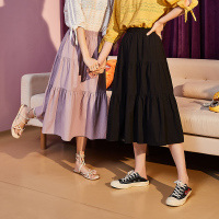 唐狮春秋新款黑白半身裙女长款高腰百褶裙女夏季棉布裙子宽松显瘦