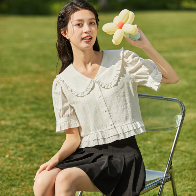 [1折价42.9元,叠加优惠券]唐狮夏季新款短袖衬衫女白色娃娃领泡泡袖衬衣甜美韩系上衣