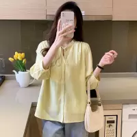 [1折价46.9元叠加优惠券]唐狮 |春季女圆领花边绑绳净色长袖衬衫设计感百搭气质韩版