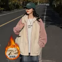 [1折价56.9元,叠加优惠券]唐狮 秋冬季外套女新款韩版摇粒绒连帽袖子拼接开衫百搭潮