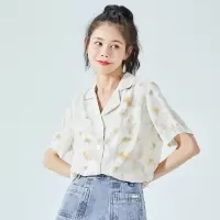 [1折价39.9元,叠加优惠券]唐狮 夏季短袖衬衫女复古满印衬衣小个子显瘦外套减龄潮流