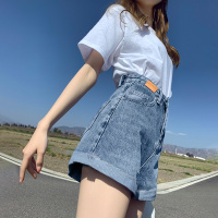 唐狮 |牛仔短裤女夏新款韩版浅色高腰百搭皮标A字短裤ins