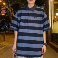 [1折价29.9元,叠加优惠券]唐狮 | 男运动polo衫前胸绣花宽条纹撞色拼接小翻领短袖polo衫男