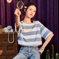 唐狮 |夏季新款宽松宽条纹套头短袖T恤女百搭休闲运动上衣