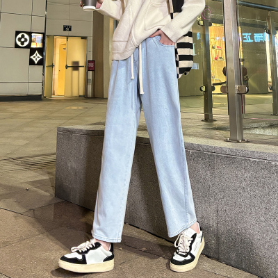 [8.5折价93.4元叠加优惠券]唐狮春季新款女牛仔裤宽松抽绳直筒裤显瘦高腰百搭时尚裤子女