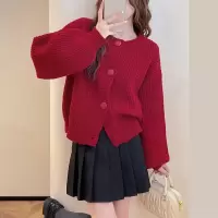 [3件8.5折127.4元,叠加优惠券]唐狮复古红色短款开衫外套女新款本命年慵懒风休闲百搭毛衣qd