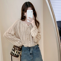 唐狮新款设计感镂空系带针织开衫外套女夏季慵懒风长袖上衣qd