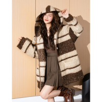 [2.5折价246元]唐狮冬季仿毛呢外套女中长款开衫连帽外套慵懒韩系学院超好看