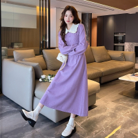 [2.5折价131元]唐狮紫色针织连衣裙女秋冬新款长袖法式温柔气质女装打底裙长裙y