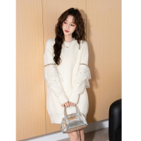 [2.5折价139元]唐狮冬季毛绒绒仿水貂毛白色连衣裙女秋冬新款针织毛衣裙小个子t