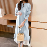 唐狮蓝色长袖毛衣裙针织连衣裙秋冬款大衣内搭打底裙长裙冬季裙子