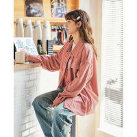 [1.5折价71元]唐狮早秋新款长袖衬衫女灯芯绒通勤流行百搭外穿净色衬衣外套