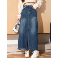 [直降价90元]唐狮牛仔半身裙秋季新款不对称毛边高腰直筒长裙开叉包臀裙qz