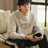 [2.5折价91元]唐狮春秋季新款圆领卫衣男士宽松灰色无帽衫外套上衣男生潮牌