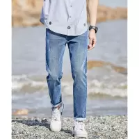 [3件8.5折93.4元,叠加优惠券]唐狮春夏季新款牛仔裤男直筒修身弹力小脚裤时尚百搭潮流浅蓝