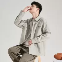 [2.5折价123.3元叠加优惠券]唐狮秋新款男翻领双口袋左胸织唛翻领宽松休闲百搭长袖衬衫潮