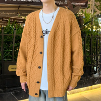 唐狮针织衫外套男生冬季新款麻花毛衣男v领系扣日系休闲毛衫