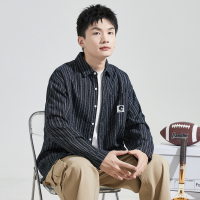 [3件8.5折144.4元,叠加优惠券]唐狮秋季新款男翻领长袖牛仔衬衫条纹工装口袋印花衬衣外套潮