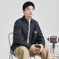 [2.5折价128.9元叠加优惠券]唐狮秋季新款男翻领长袖牛仔衬衫条纹工装口袋印花衬衣外套潮