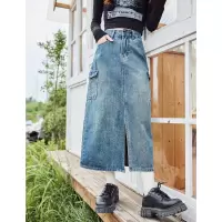 [3件8.5折144.4元,叠加优惠券]唐狮春夏新款女半身裙牛仔开叉休闲日常