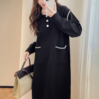 唐狮休闲舒适翻领黑色长袖连衣裙女新款秋冬季慵懒风裙子qd