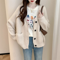 唐狮秋冬新款女V领开衫外套软毛绒感百搭温柔淑女毛衣外套PO