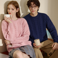 [2.5折价87元]唐狮秋冬情侣麻花毛衣新款圆领慵懒风复古绞花套头针织衫日系