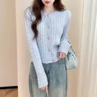 [3件8.5折110.4元,叠加优惠券]唐狮新款绞花肌理圆领针织开衫女短款韩版显瘦蓝色毛衣初秋穿搭qd