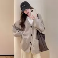 [3件8.5折203.9元,叠加优惠券]唐狮慵懒风简约百搭宽松开衫外套女新款早秋日系针织衫毛衣qd