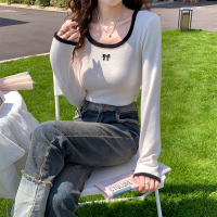 唐狮蝴蝶结毛绒绒撞色边大U领套头针织衫女冬季内搭打底衫qd