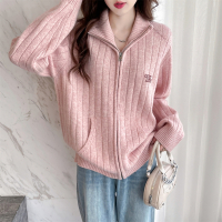 唐狮秋冬新款刺绣立领拉链开衫毛衣女粉色针织上衣可爱风qd