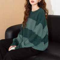 唐狮慵懒风宽条纹圆领套头毛衣女新款冬季复古绿色毛线衫qd