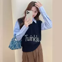 [清仓1折价39.9元,不叠加优惠券]唐狮字母图案设计感V领套头马甲女新款早秋内搭黑色毛衣qd