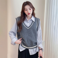 唐狮学院风v领套头马甲女新款早秋灰色内搭针织衫毛衣慵懒qd