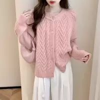 [清仓1折价52.9元,不叠加优惠券]唐狮秋冬粉色毛衣女新款复古绞花简约圆领开衫韩系甜美上衣qd