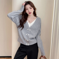 唐狮假薄款针织开衫女新款V领复古学院风灰色毛衣qd