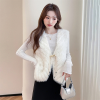 唐狮名媛风毛绒绒奶fufu开衫马甲女新款早秋叠穿奶白毛衣qd