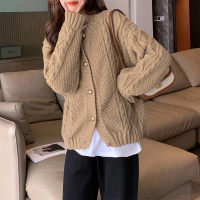 唐狮棕色复古绞花圆领开衫外套女新款毛衣初秋慵懒风穿搭qd