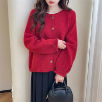 唐狮节日氛围简约款圆领开衫女新款秋冬本命红色圆领毛衣qd