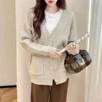 [清仓1折价56.9元,不叠加优惠券]唐狮新款简约华夫格肌理设计V领开衫外套女冬季杏色毛衣qd