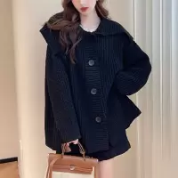 [清仓1折价66.9元,不叠加优惠券]唐狮大翻领设计宽松开衫外套女新款秋季黑色宽松针织衫毛衣qd