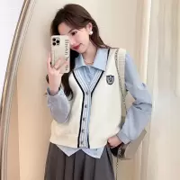 [3件8.5折93.4元,叠加优惠券]唐狮新款V领开衫马甲女设计感叠穿针织背心学院风减龄外穿上衣qd